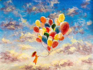 oil painting young woman girl with multicolored balloons stands on cloud in sky. art happiness conce