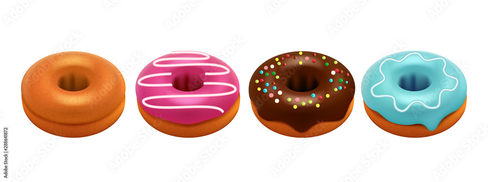 Sweet glazed donuts isolated on white background. Realistic donuts vector set. Sweet breakfast, colored donut dessert, bakery colorful illustration - obrazy, fototapety, plakaty 