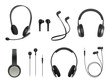 © ONYXprj - Headset realistic. Earbuds music modern equipment wireless headset vector collection. Illustration headset accessory, realistic equipment headphone with microphone