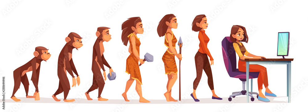 Human evolution from monkey to freelancer woman, time line Female character evolve steps from ape to uprights homo sapiens to girl at computer isolated on white background. Cartoon vector illustration - obrazy, fototapety, plakaty 