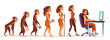Human evolution from monkey to freelancer woman, time line Female character evolve steps from ape to uprights homo sapiens to girl at computer isolated on white background. Cartoon vector illustration