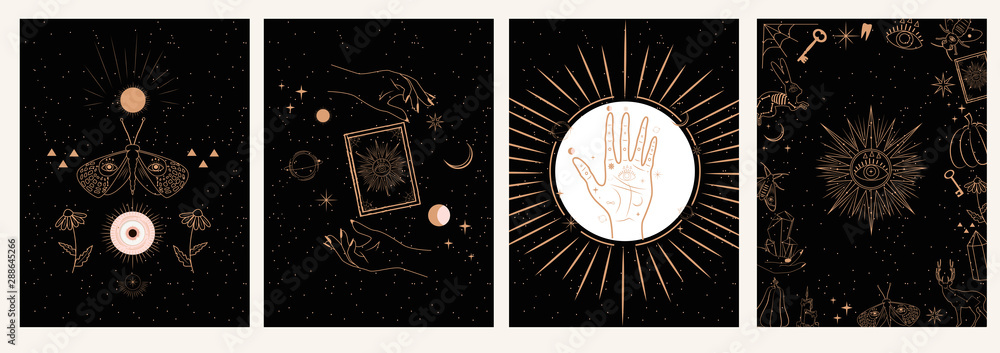 Collection of mystical and mysterious illustrations in hand drawn style. Skulls, animals, space objects, magic ball, crystals, hands. Minimalistic objects made in the style.  - obrazy, fototapety, plakaty 