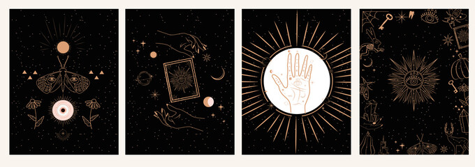 Collection of mystical and mysterious illustrations in hand drawn style. Skulls, animals, space objects, magic ball, crystals, hands. Minimalistic objects made in the style. 