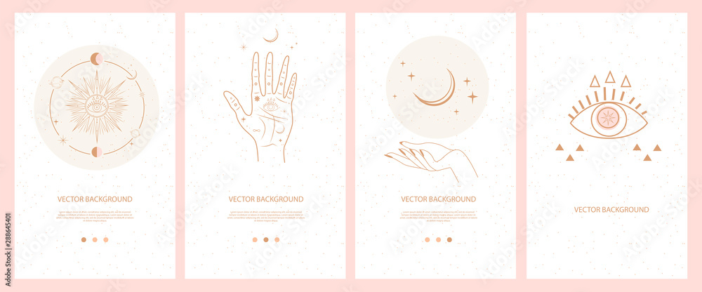 Collection of mystical and mysterious illustrations for Mobile App, Landing page, Web design in hand drawn style. Space and astrology concept. Minimalistic objects made in the style of one line. - obrazy, fototapety, plakaty 