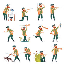 Hunters. Sniper Outdoor Human With Weapons Duck Hunting In Action Poses Vector Characters. Huntsman Character With Equipment, Recreation Shooting, Hobby Illustration