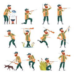 hunters. sniper outdoor human with weapons duck hunting in action poses vector characters. huntsman 