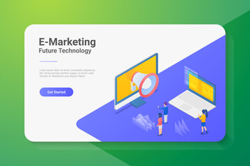 Wall Mural - e-marketing internet web technology isometric flat vector illustration. computer and laptop notebook