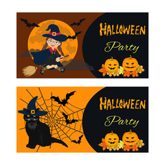 Happy Halloween. Halloween party. Two horizontal vector banners. Party Decor in Traditional Colors. Design for holiday poster