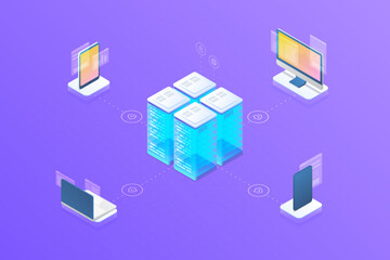 Canvas Print - security data information protection sync synchronization devices with server. isometric flat vector