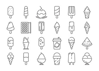 Poster - Ice cream products symbols. Milk food yogurt smoothie frozen vanilla ice cream in waffle cup vector line icons. Ice cream cone, milk frozen in cup illustration