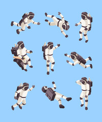Wall Mural - spaceman isometric. future human explorer space floating astronaut in special costume planet orbit c