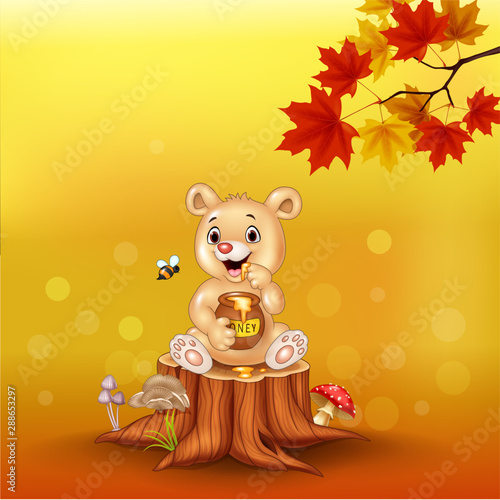 Cartoon baby bear holding honey pot on tree stump