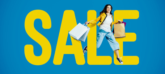 Promotional sale banner with cheerful girl