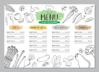 Vegan restaurant menu template - A4 card (vegetables drawings)