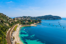 Landscape Panoramic Coast View Between Nice And Monaco, Cote D'Azur, France, South Europe. Beautiful Luxury Resort Of French Riviera. Famous Tourist Destination With Nice Beach On Mediterranean Sea