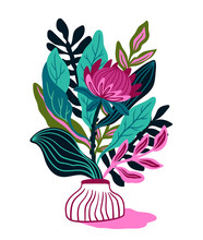 Protea With Tropical Leaf On The Withe  Background. Floral Print Design For T-shirt. Exotic Flower In Hand Drawn Style. Vector Illustration.