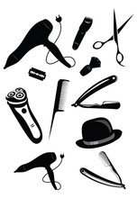 Set Of Elements For A Hairdresser. A Collection Of Tools For A Hairstyle. Black And White Vector Illustration.