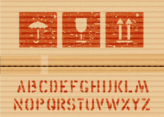 Wall Mural - Standard cargo grunge icon box signs and alphabet for cargo and logisticks umbrella, glass, arrows up on cardboard. Vector illustration