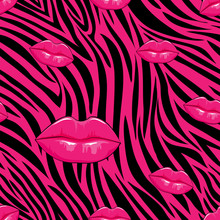 Zebra Seamless Pattern In Abstract Style With Hot Pink Lips With Black Colour ,Vector Illustration Seamless Swatch In The Swatches Panel For Wrapping Paper, Textile, Fabric, Wallpaper And Cloths