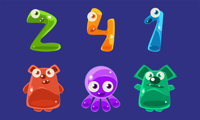 Sticker - Collection of Jelly Creatures and Numbers, Glossy Colorful Cute Animals Vector Illustration