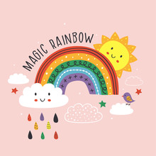 Pink Poster With Magic Rainbow, Cloud, Bird And Sun - Vector Illustration, Eps    