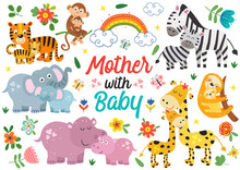 Set Of Isolated Animals Mother With Baby Part 1 - Vector Illustration, Eps    