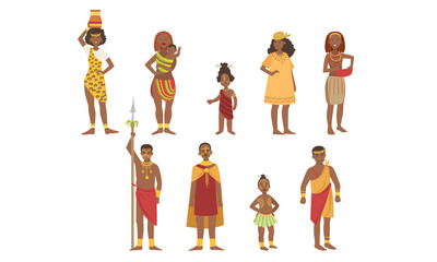 Canvas Print - African People Set, Aboriginal Men, Women and Kids in Bright Traditional Tribal Clothing Vector Illustration