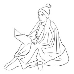 Wall Mural - Young woman wrapped in blanket reads book. Lagom and hugge concept. Cozy scandinavian lifestyle scene. Female silhouette in warm socks and hat with cup of coffee. Black lines drawing.