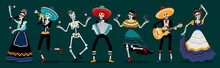 Day Of The Dead Skeletons Party. White Sugar Skull Skeleton Characters, Dancing And Music Playing Dead Mexican Ancestors Vector Illustration