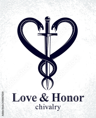 Fotografía Dagger and two snakes in a shape of heart vector vintage style emblem or logo, chivalry love and honor concept, medieval Victorian style