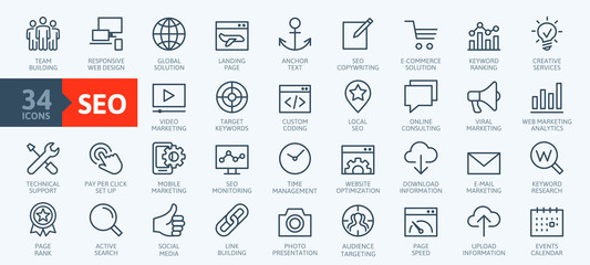 outline web icons set - search engine optimization. thin line web icon collection. simple vector ill