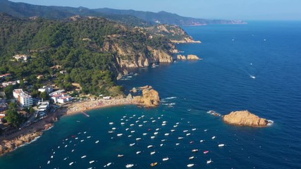 Wall Mural - Sea by Tossa de mar. Spain summer resort town. Aerial breathtaking view. 4k video footage