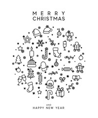 Wall Mural - Christmas background with festive decorative elements, design in outline styles. Xmas backdrop black and white vector illustration