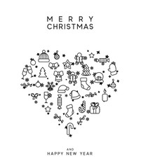 Wall Mural - Christmas background with festive decorative elements, design in outline styles. Xmas backdrop black and white vector illustration