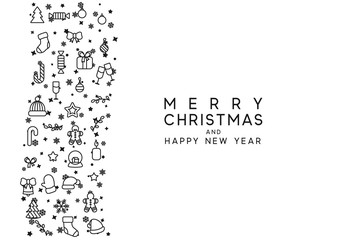 Wall Mural - Christmas background with festive decorative elements, design in outline styles. Xmas backdrop black and white vector illustration