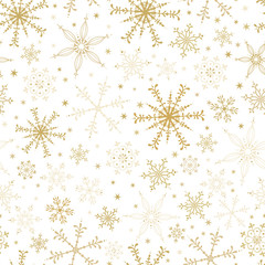 Wall Mural - Beautiful snowflake seamless pattern - hand drawn in gold on white background, great for invitations, banners, wallpapers - vector surface design