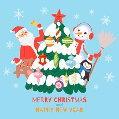 Wall Mural - Christmas tree with gifts vector illustration card. Cartoon Happy New Year and happy christmas toys on snow tree with santa claus and snowman for kids greeting card