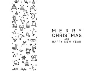 Wall Mural - Christmas background with festive decorative elements, design in outline styles. Xmas backdrop black and white vector illustration