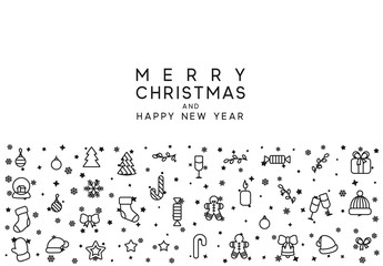 Wall Mural - Christmas background with festive decorative elements, design in outline styles. Xmas backdrop black and white vector illustration