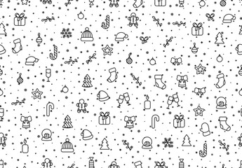 Wall Mural - Christmas background with festive decorative elements, design in outline styles. Xmas backdrop black and white vector illustration