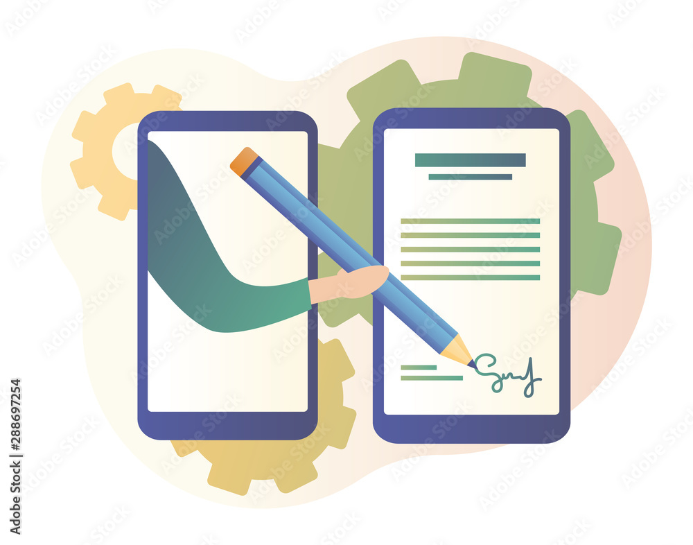 Electronic contract or digital signature concept. Modern flat cartoon style. Vector illustration