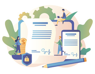 Wall Mural - electronic contract or digital signature concept. modern flat cartoon style. vector illustration