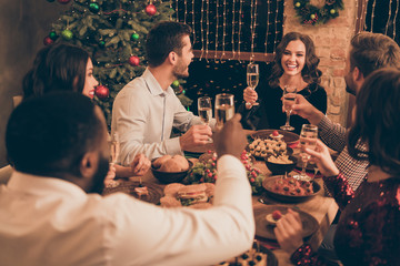 Canvas Print - Nice attractive lovely shine glamorous smart stylish cheerful cheery positive glad guys spending leisure weekend saying toast greetings congrats congratulating served desk in decorated house