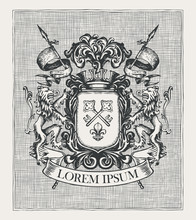Vector Heraldic Coat Of Arms In Vintage Style With Knightly Shield, Spears, Crown, Lions, Ribbon, Keys And Fleur De Lis. A Medieval Heraldry, Emblem, Symbol. Hand-drawn Image, Engraved Illustration.
