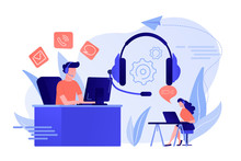 Contact Center Agents With Headsets Working At Computers. Contact Center, Customer Service Point, Customer Relationship Management Concept. Living Coral Bluevector Isolated Illustration