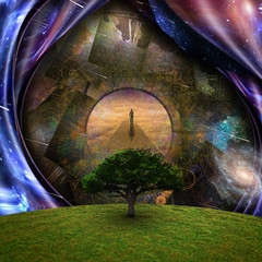 Canvas Print - surrealism. green tree. soul journey. man on a stone road