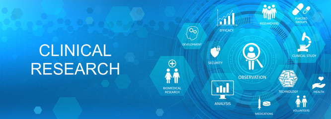 Healthcare concept. Medical research background with icons and Key aspects of the clinical research. Medical healthcare icons website banner. Vector illustration. 