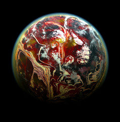 Wall Mural - Life on Mars, a 3d render of a red, green, yellow, white, brown and burgundy planet with a faint light green outline on a black background.