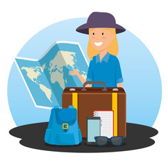 Sticker - woman tourist with global map and backpack