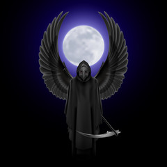 Plague Doctor with Two Wings Up Over Full Moon Background. Medieval Death Symbol Plague Doctor Mask for Web, Poster, Info Graphic